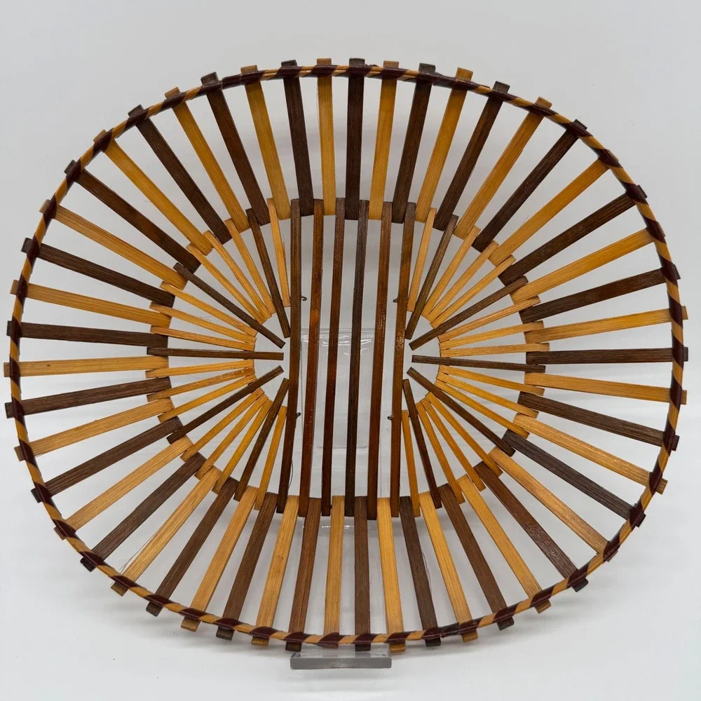 Vintage Bamboo Slat Oval Basket Two Tone Japanese Wood Fruit Bread Bowl 12x10